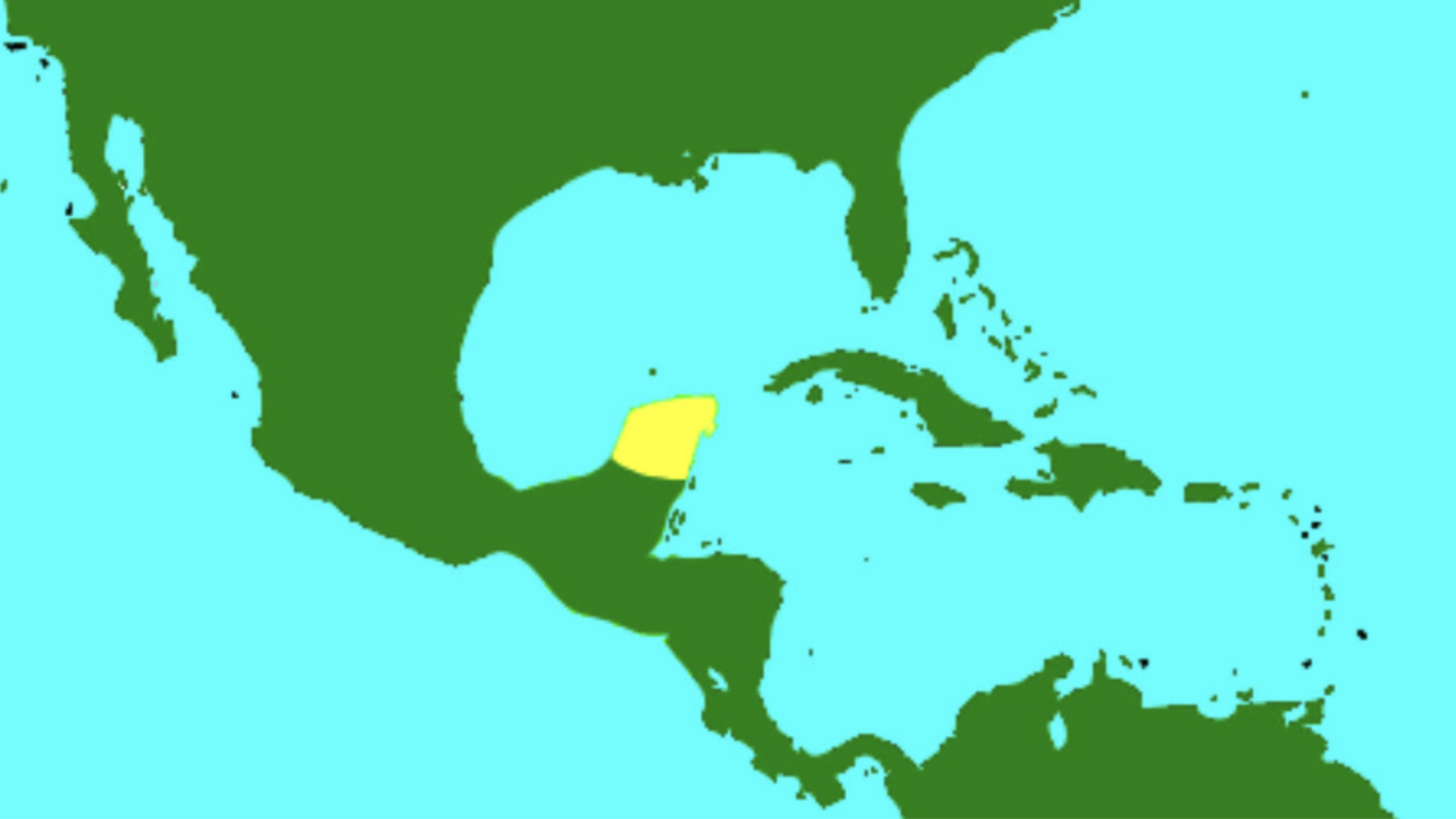 A simplified, color-coded map highlighting the Gulf of Mexico and the Caribbean region. The landmasses, including parts of North and Central America and the islands of the Caribbean, are depicted in green. The Gulf of Mexico is shown in a lighter shade